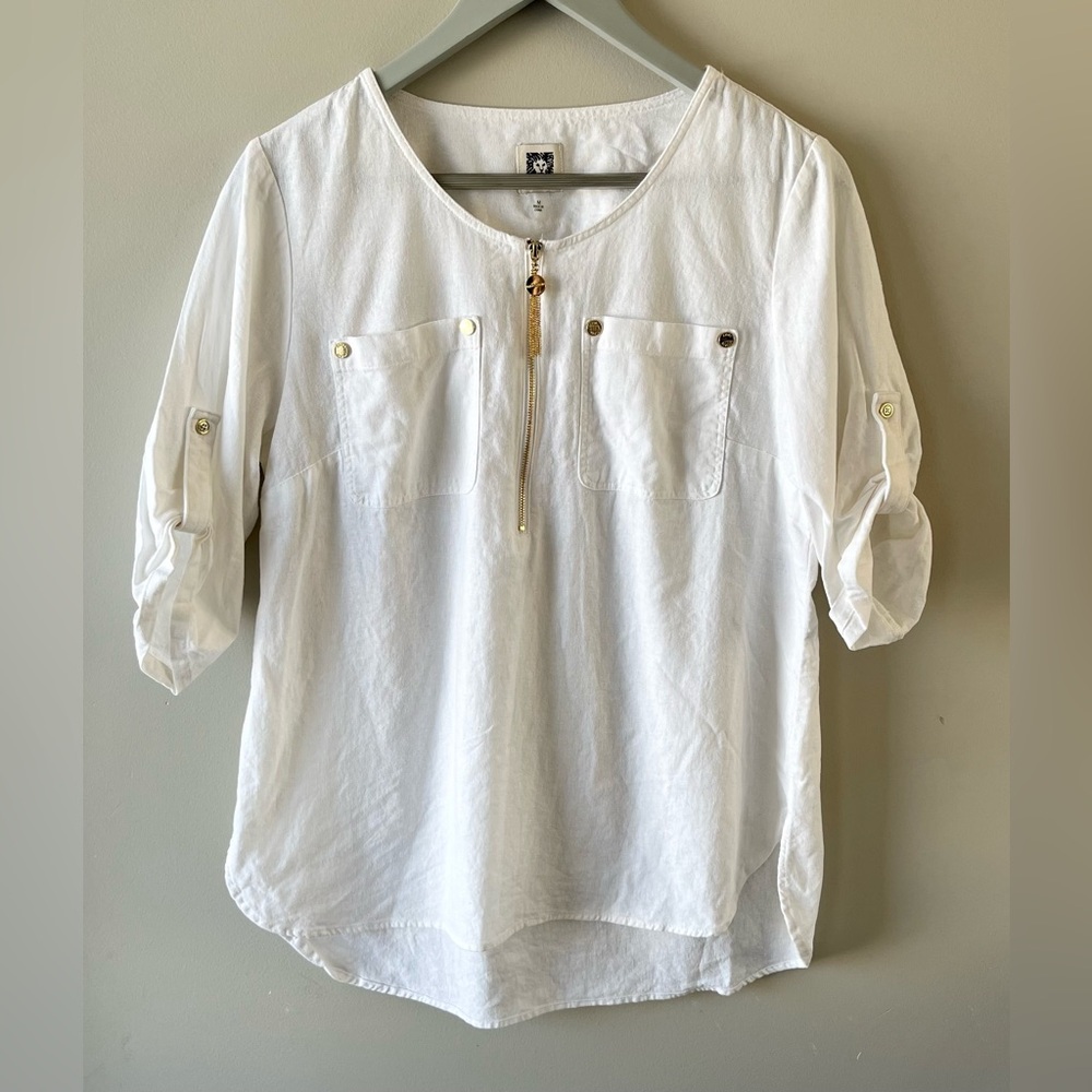 Anne Klein White Linen Blend Blouse Gold Details Size M-coastal resortwear beach